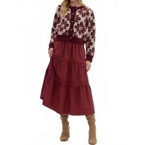 NEW ENTRO pleated tiered midi skirt in burgundy